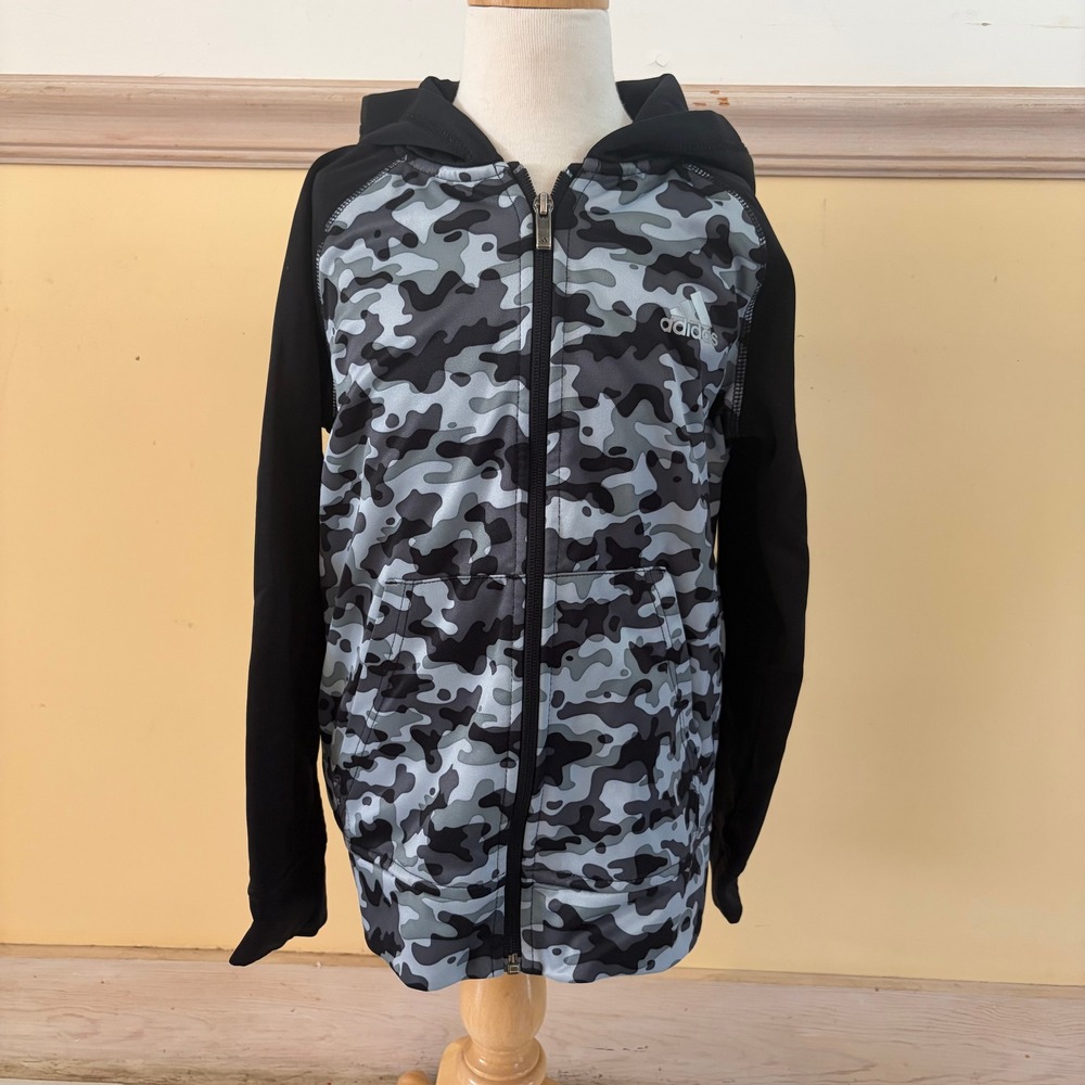 Adidas Boys Small 8 Camo Full Zip Hoodie Black Grey Fleece Lined Hooded Jacket